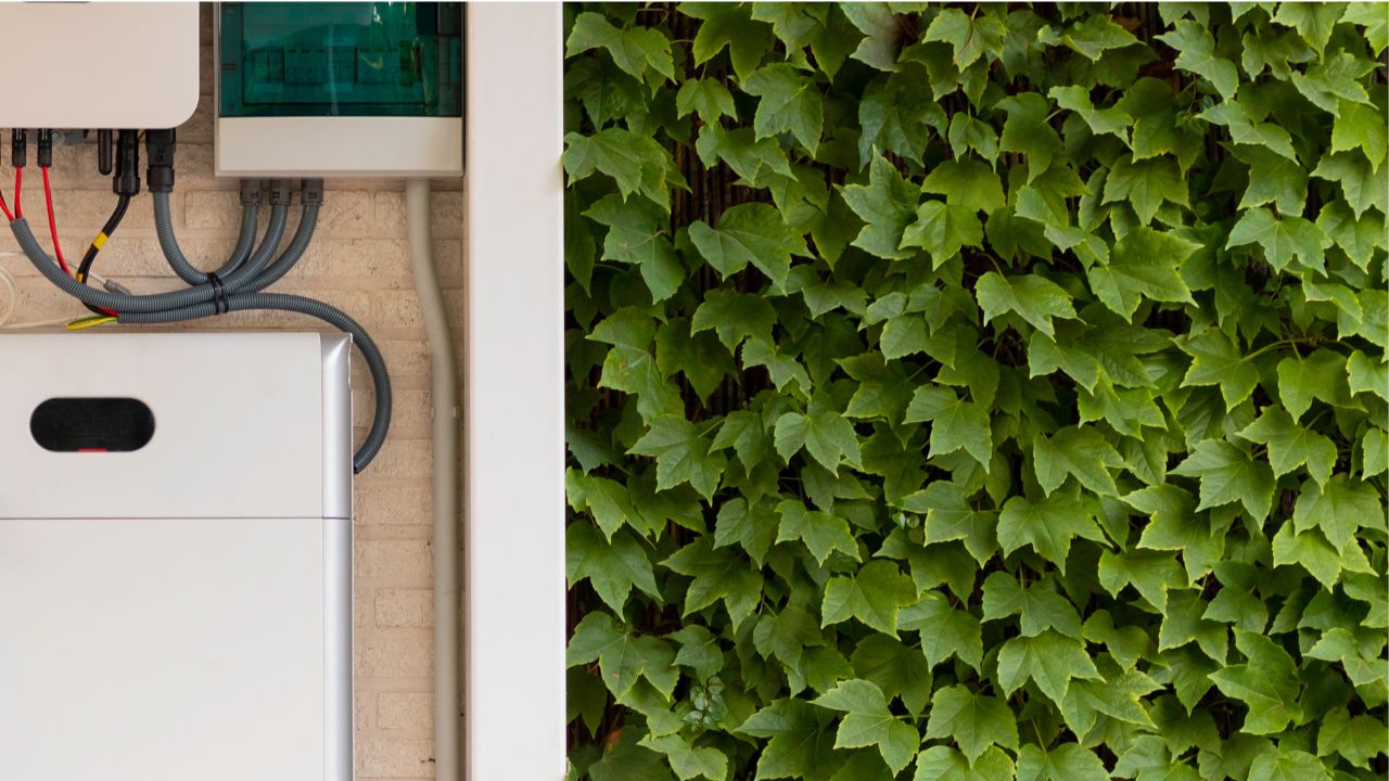A home battery storage system against the brick exterior of a home, surrounded by green leaves.