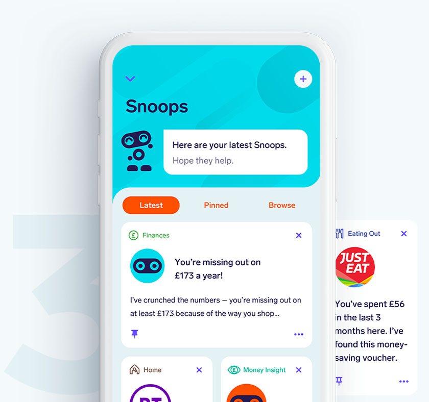 Screen showing a collection of in app money-saving tips (Snoops)
