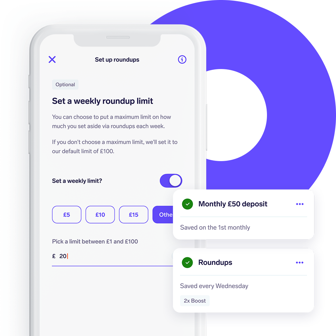 Screenshot of the Snoop Savings 'Roundup' feature. The screen shows customisable options such as weekly roundup limits.