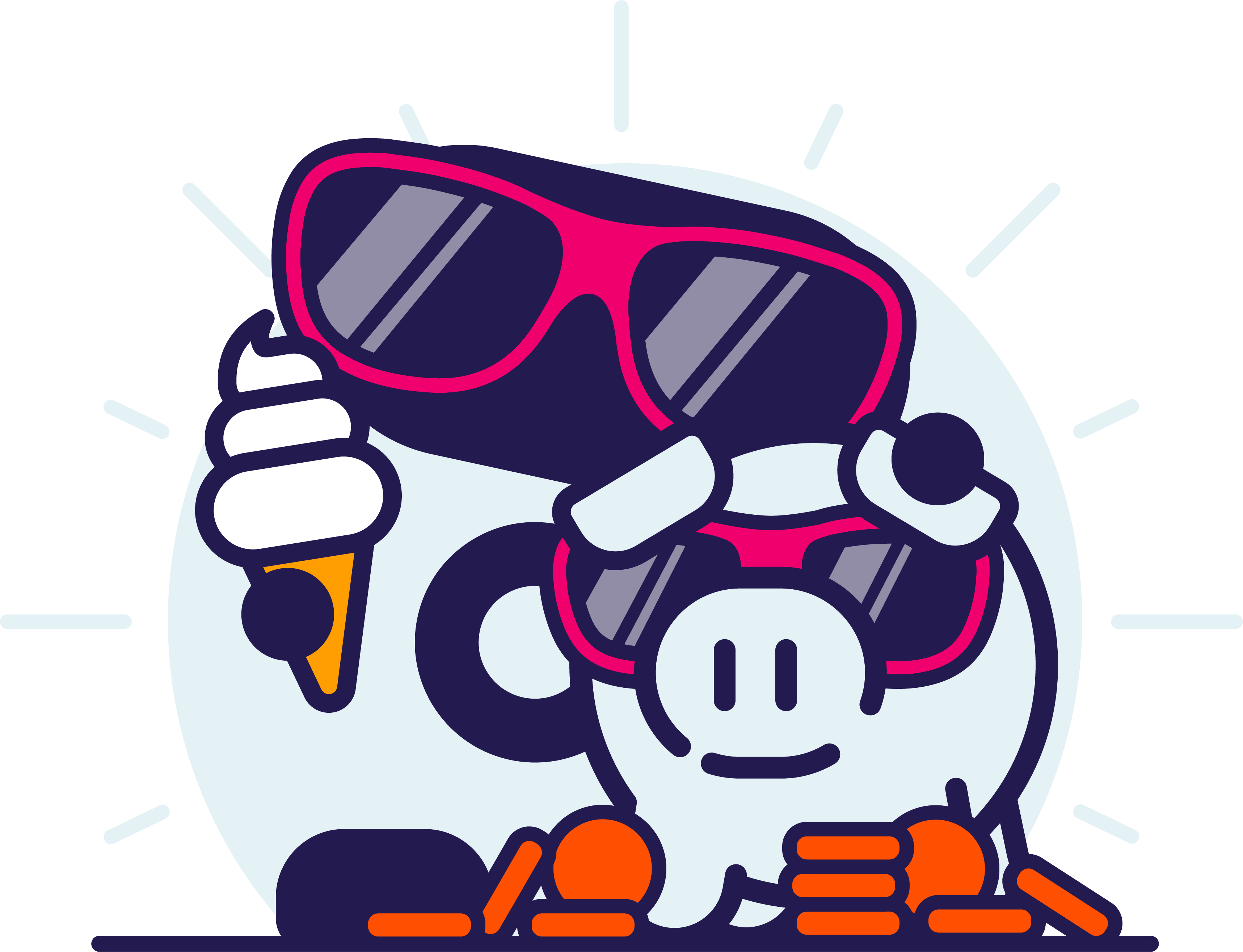 Snoop standing in front of a piggybank. both wearing pink sunglasses and surrounded by coins.