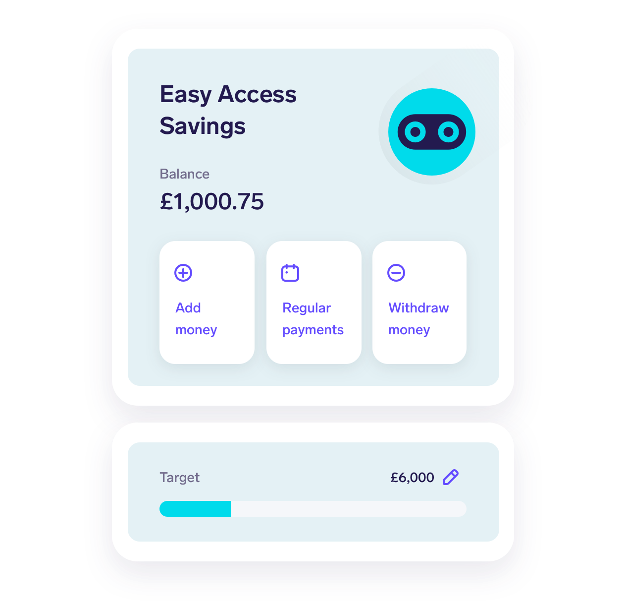 Screenshot of the Snoops savings account in the app. Screens show the account balance with buttons add money, set regular payments and withdraw money, as well as track progress against your savings target.