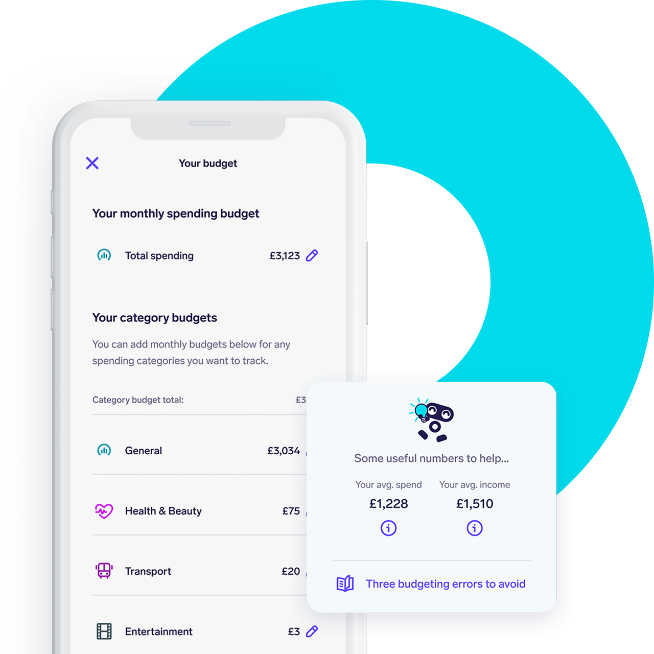 Screenshot of the 'Budget' set up screen in. the Snoop app. Screen show options for setting an overall budget amount as well as specific budgets for focus areas (e.g. Groceries or Transport)