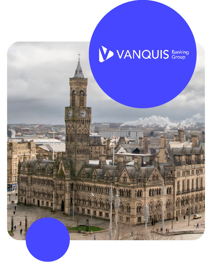 Vanquis logo over photo of Bradford - the historic home of Vanquis Banking Group since 1880