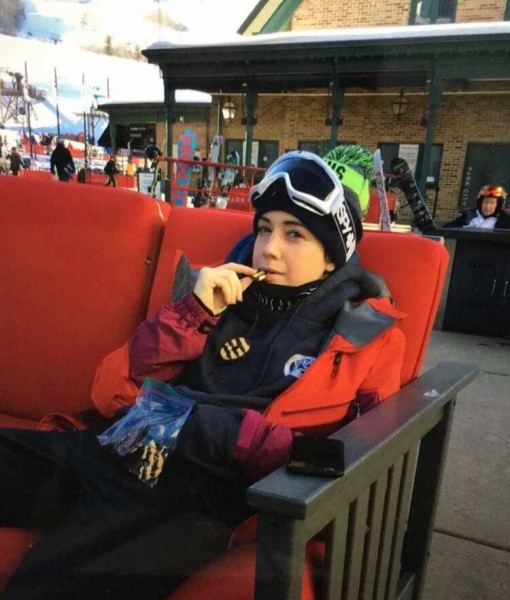 P taking a cookie break after skiing