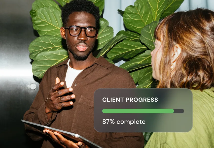 A financial advisor holding a tablet speaks with a client. A Client Progress overlay shows 87% complete.