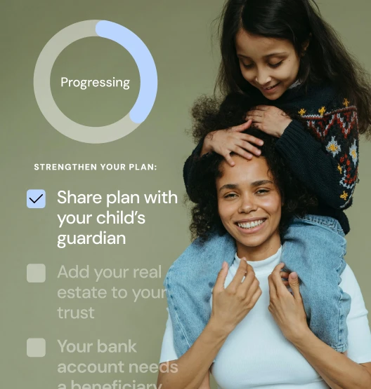 A smiling mother carries her daughter on her shoulders, smiling. Beside them, a visual checklist shows estate planning progress, with a highlighted step: “Share plan with your child’s guardian.” A circular progress tracker labeled “Progressing” reinforces the importance of strengthening your estate plan.