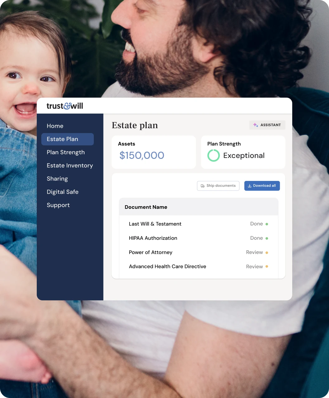A parent holding a baby, with the Trust & Will estate plan dashboard displayed, showing assets, plan strength, and completed estate planning documents.