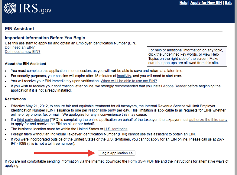 Begin EIN application. 