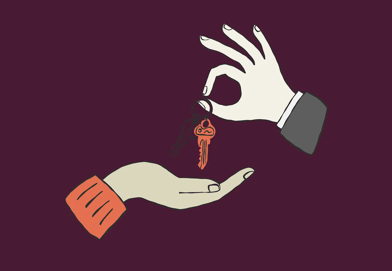 Illustration of one person handing a safe deposit box key to another.