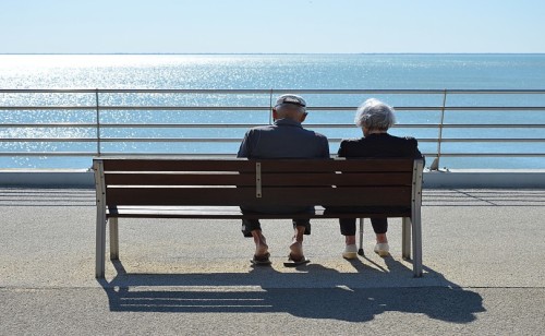 couple sitting on bench.