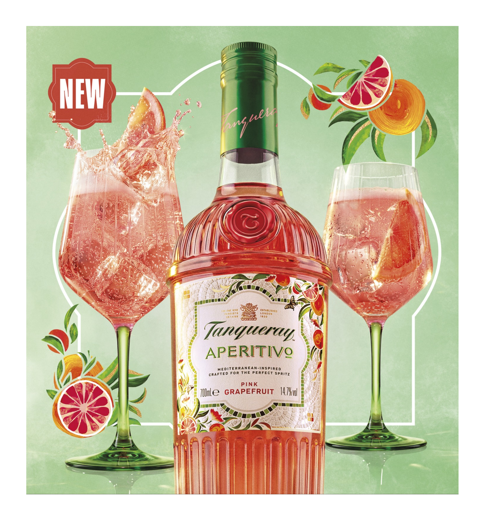 Ad for Tanqueray Aperitivo Pink Grapefruit showing a bottle flanked by two pink spritz cocktails with grapefruit garnishes on a light green background.