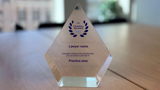 This crystal award is an official accreditation plaque from Chambers and Partners, specifically featuring the "Chambers Top Ranked" logo
