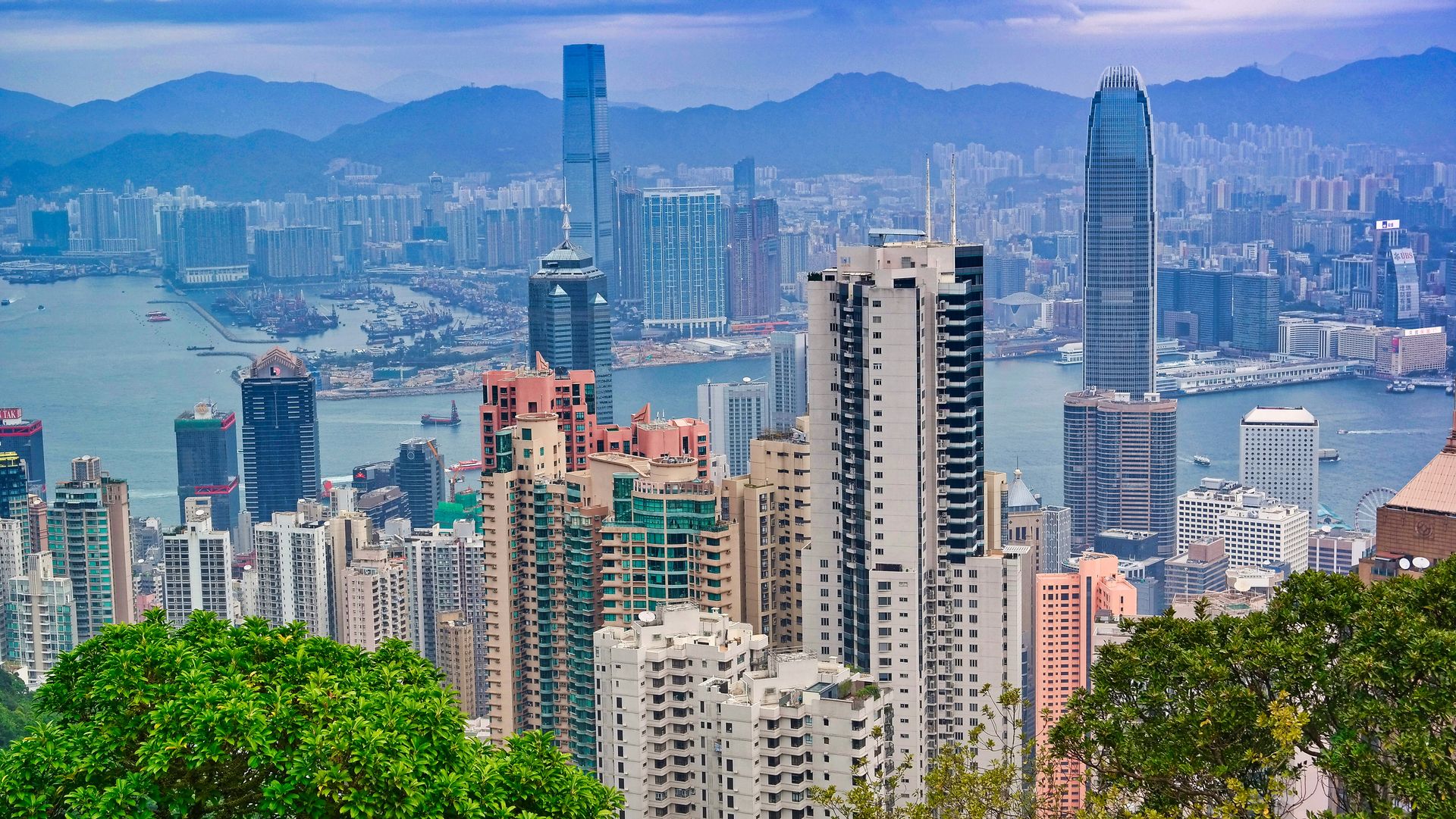 A high-angle, wide view of the Hong Kong skyline and Victoria Harbour from Victoria Peak during the day, featuring a dense cluster of skyscrapers and distant mountains