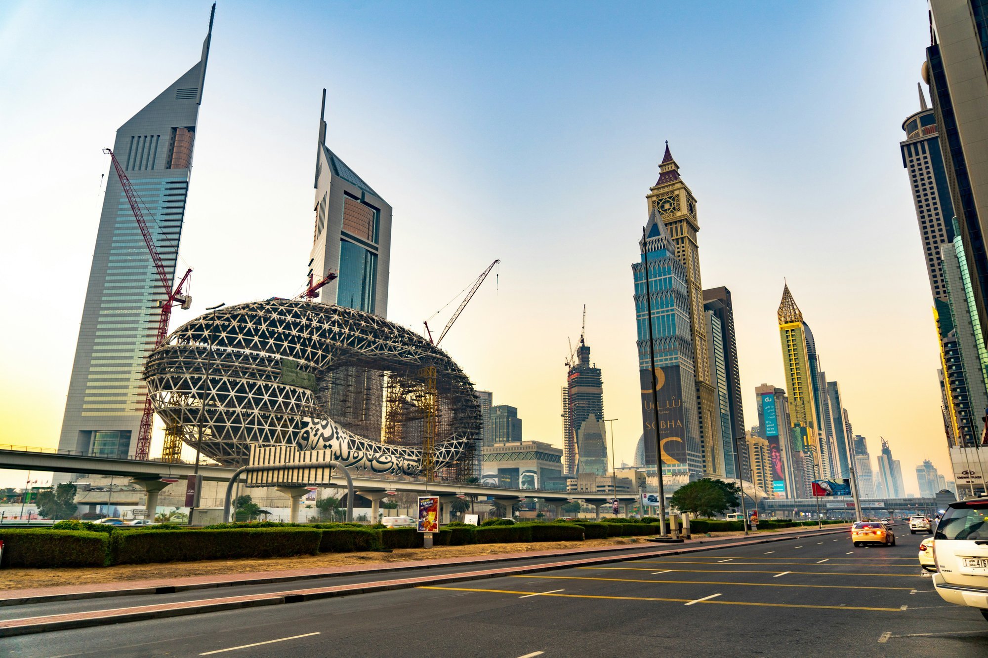 Iconic architectural landmarks along Dubai's Sheikh Zayed Road, including the distinctive Museum of the Future