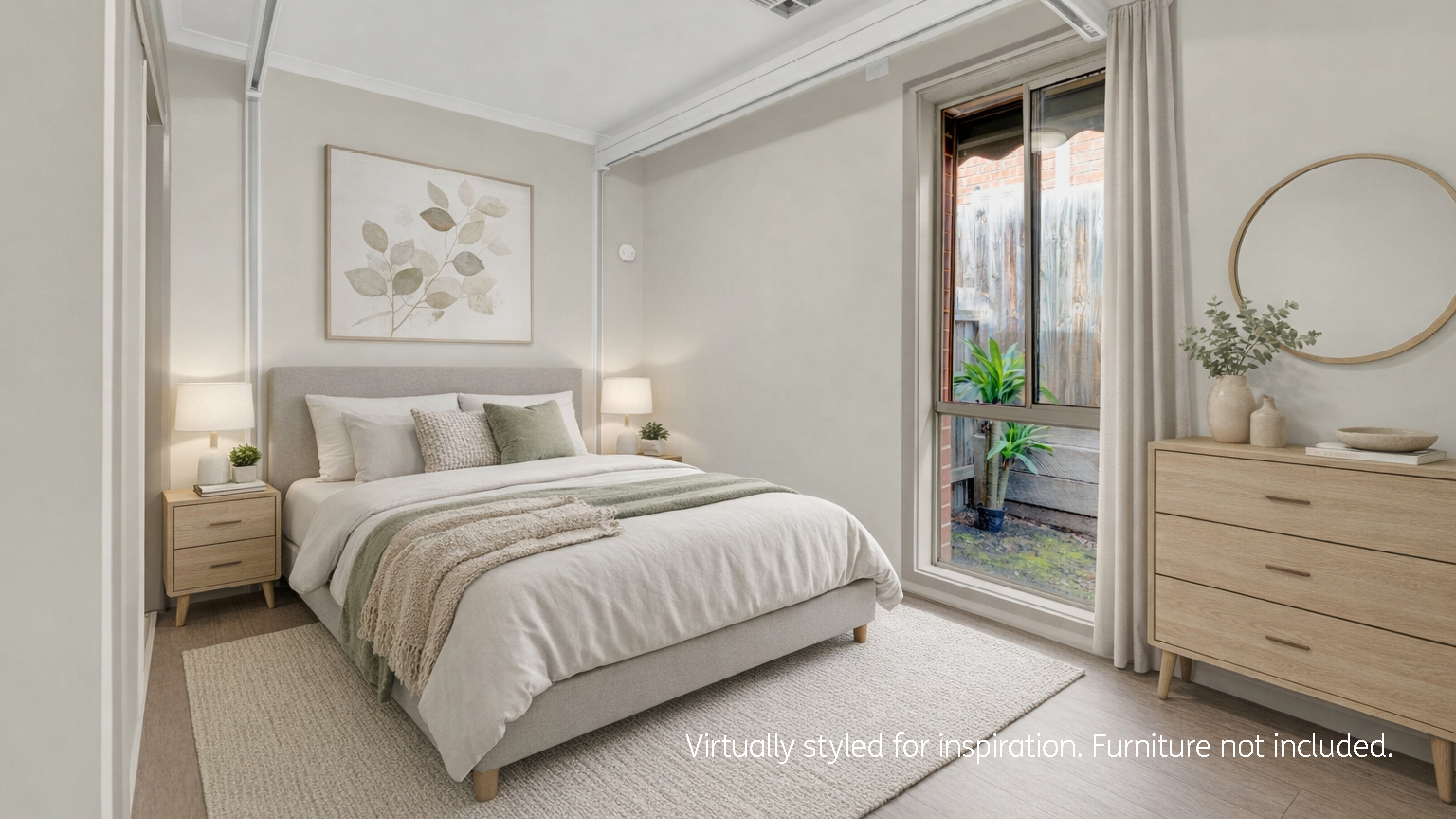 Styled bedroom with a double bed, bedside tables, soft neutral décor, and a large window providing natural light.