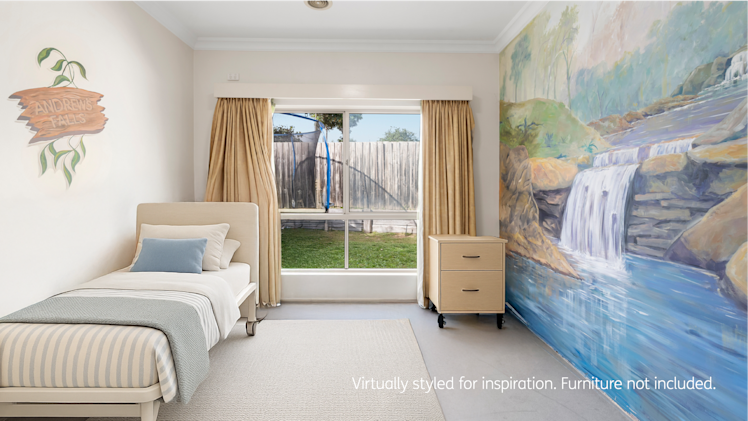 --Bedroom with single bed, large window and a painted mural--