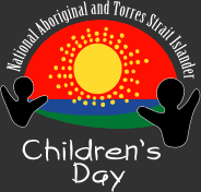 Black background with a yellow sun, red sky and blue and green foreground with two human figures. Text reads 'National Aboriginal and Torres Strait Islander Children's Day