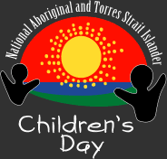 childrensday Black background with a yellow sun, red sky and blue and green foreground with two human figures. Text reads 'National Aboriginal and Torres Strait Islander Children's Day