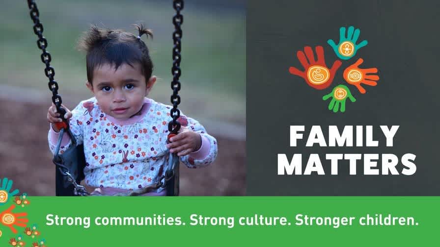 Image of a little girl in a park swing next to a logo of four hands with text. Text reads: Family Matters. Strong Communities. Strong Culture. Stronger Children.