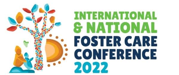 Logo of two people standing in front of a tree with a sun next to it. Text reads: International and National Foster Care conference 2022.