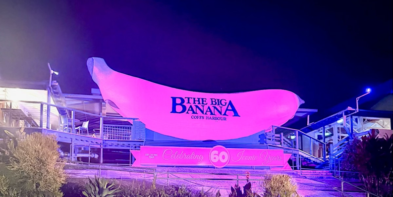 The Big Banana lit up in pink.
