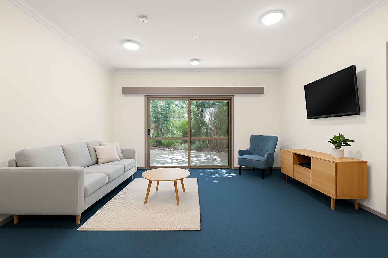 Modern lounge room with minimalist styling, featuring a light grey sofa, round wooden coffee table, blue accent chair, wooden TV console with a mounted flat-screen TV, and large sliding glass doors opening to a garden view. Room retains original blue carpet, white walls, and ceiling fixtures.