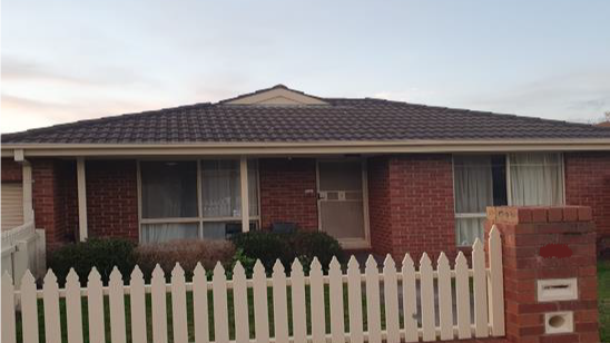 Front of home. Red brick house with white picket fence.