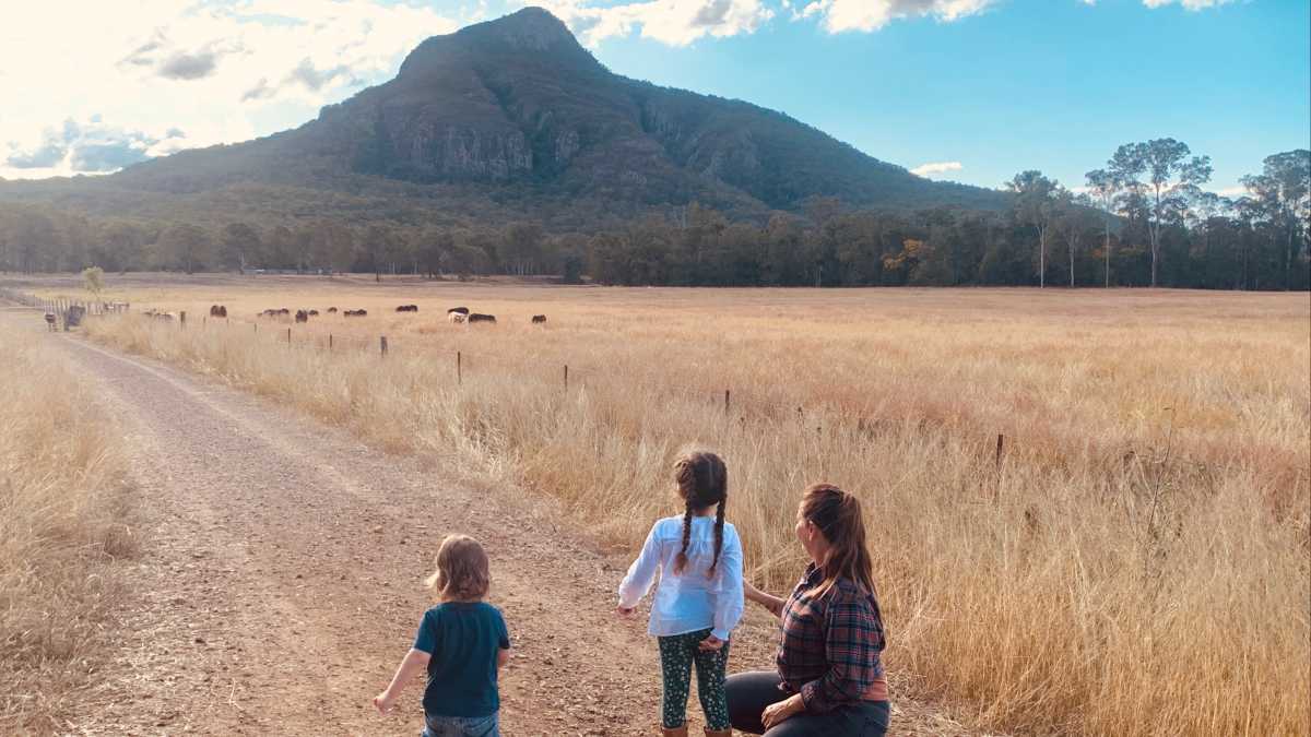 Clea North with her two youngest children on country Yuggera Ugarapul Country, Boonah, learning about culture.