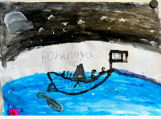 Drawing by Jumabhi  of a boat on water with a black sky.