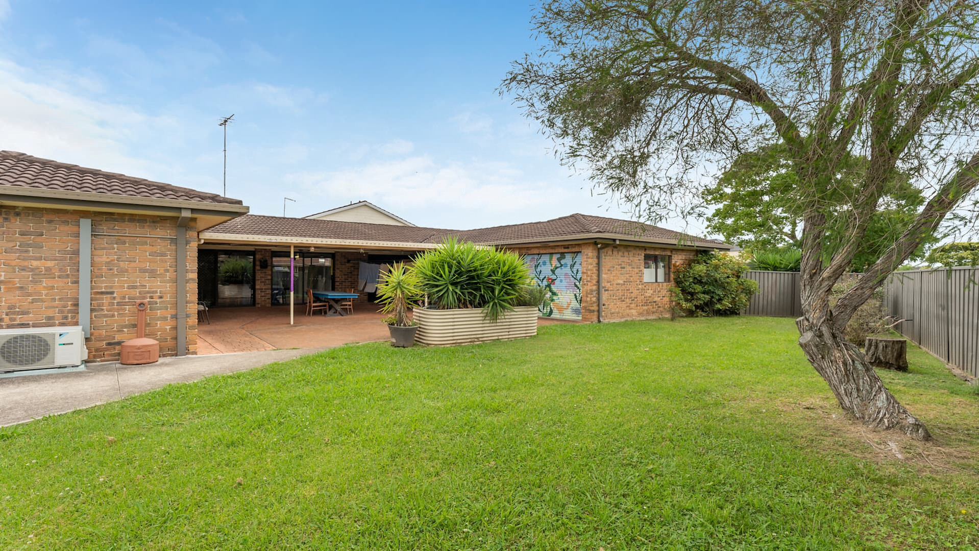 Backyard with large grassed area, a tree, raised garden beds and an undercover outdoor entertainment area.