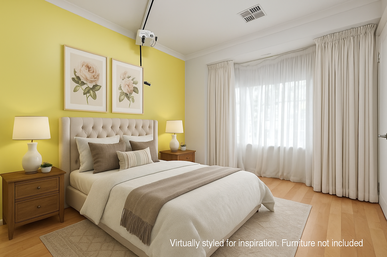 Virtually styled bedroom featuring a bed with cream and brown bedding, matching bedside tables with lamps, floral artwork on a yellow feature wall, celiling hoist, sheer curtains over a large window, and the text 'Virtually styled for inspiration. Furniture not included.' in white at the bottom right corner.