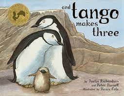 Image of a book cover with cartoon penguins huddling together. Text reads: and tango makes three
