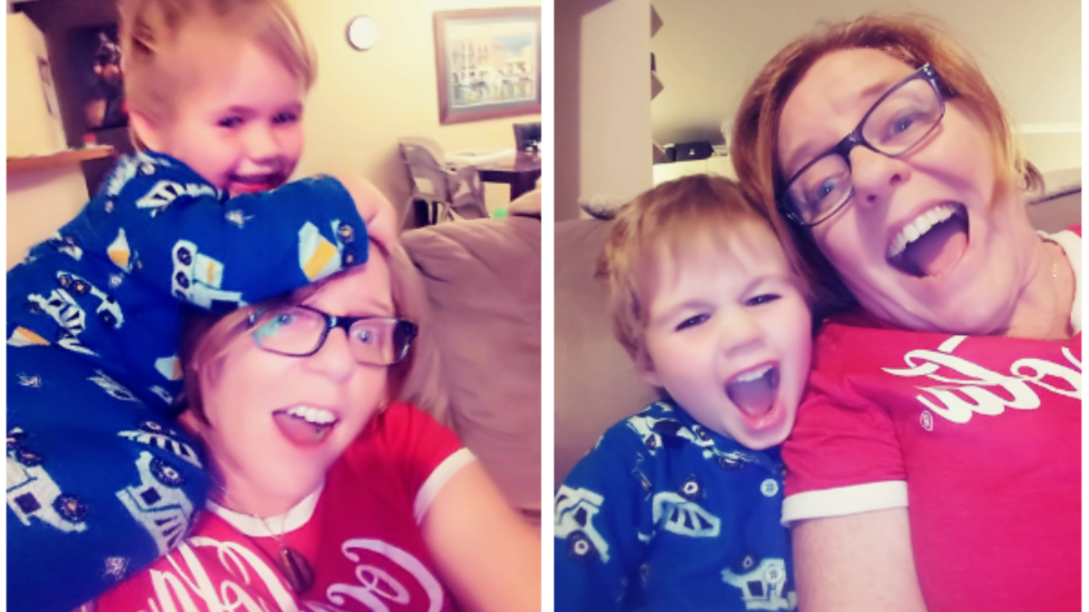 A collage of photos of Sandra and her nephew sitting on a couch smiling at the camera.