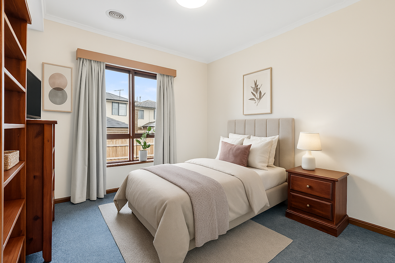 Stylishly updated bedroom featuring a neatly made single bed with beige linens and a mauve throw, a soft upholstered headboard, wooden nightstand with a lamp, wall art, a potted plant by the window, and a cozy, well-lit atmosphere with natural light streaming in.