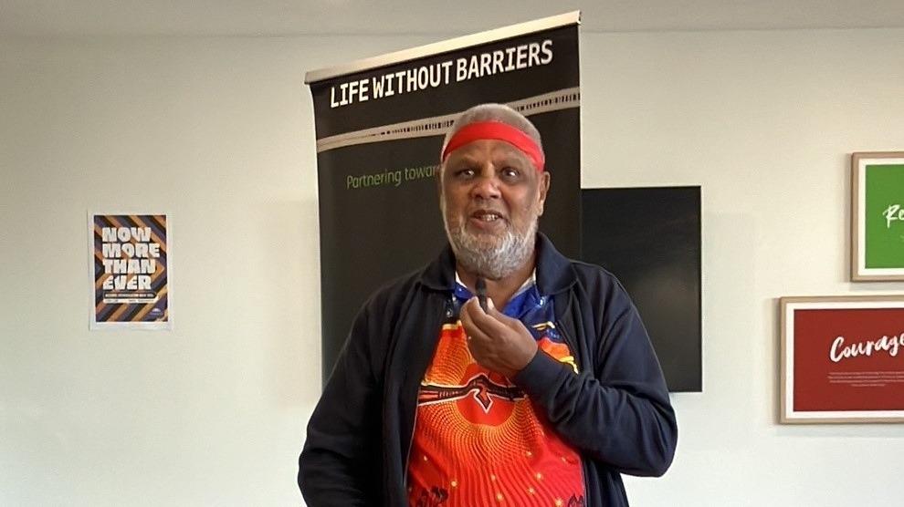 Uncle Les Ahoy speaking at the Newcastle Office Reconciliation Morning Tea.