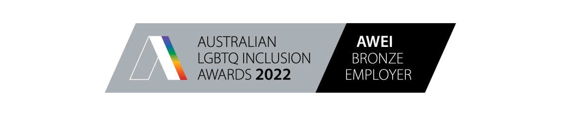 Text reads Australian LGBTQ Inclusion Awards 2022 AWEI Bronze Employer.