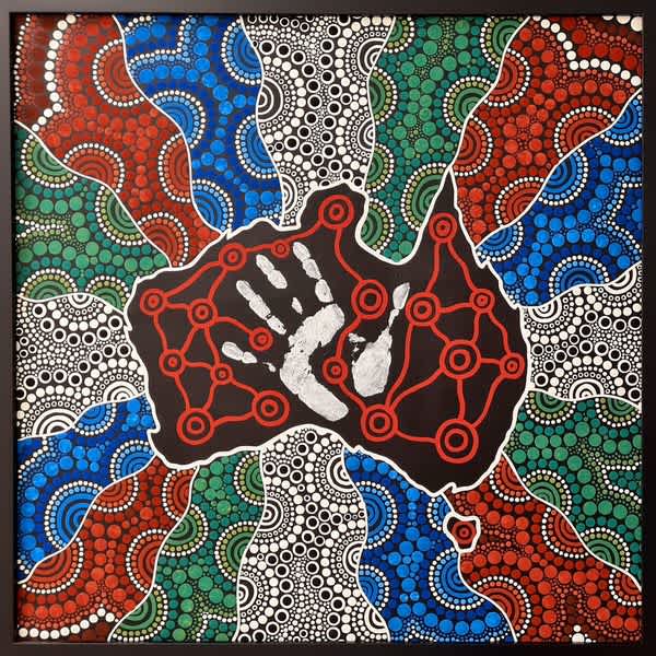 The artwork Silvia entered for an official NAIDOC competition. The design features an outline of Australia surrounded by waves of colour and dots