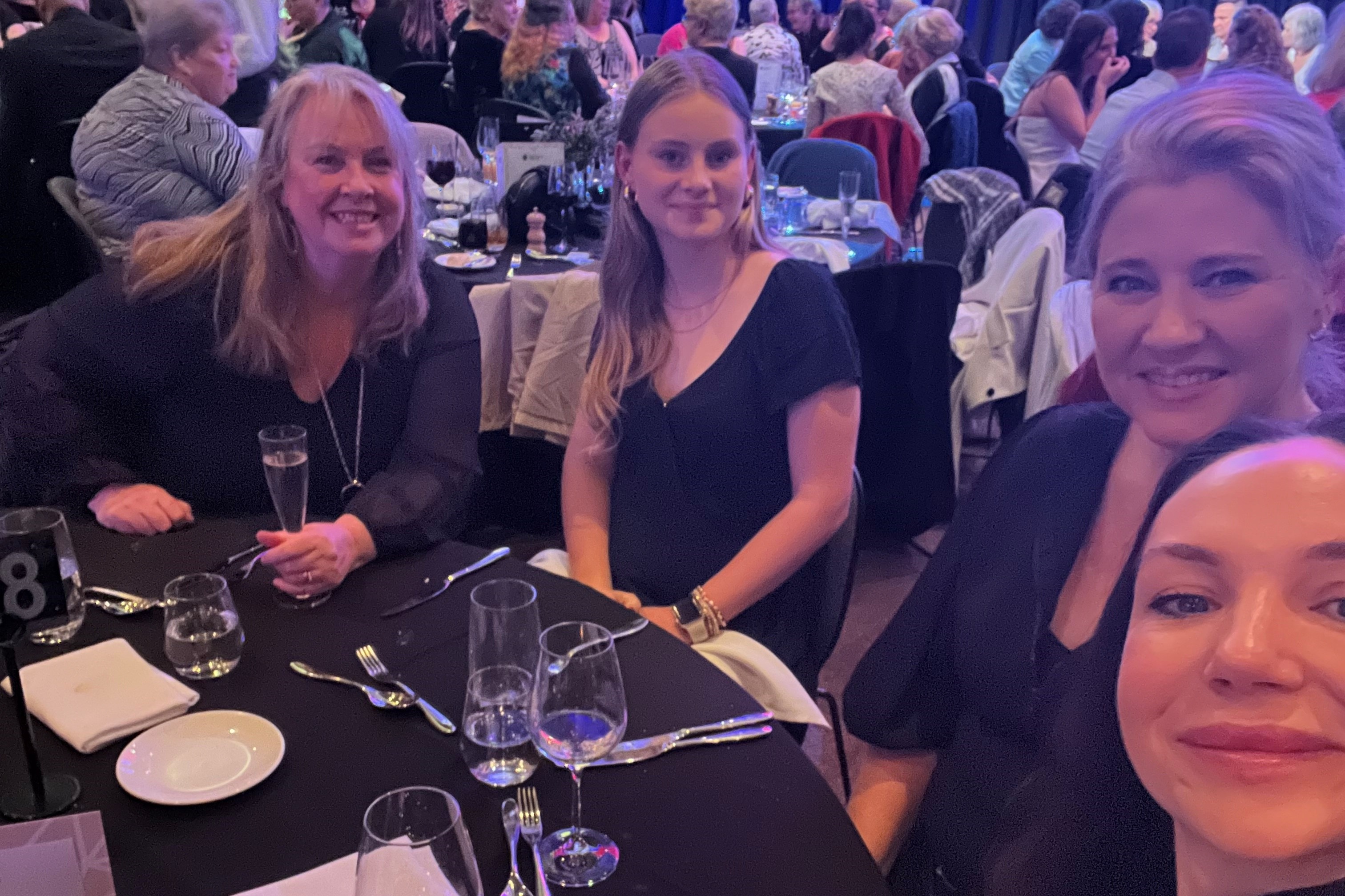 Jacintha, Dee, Sarah at the National Kinship, Permanent and Foster Care Conference dinner 2024.