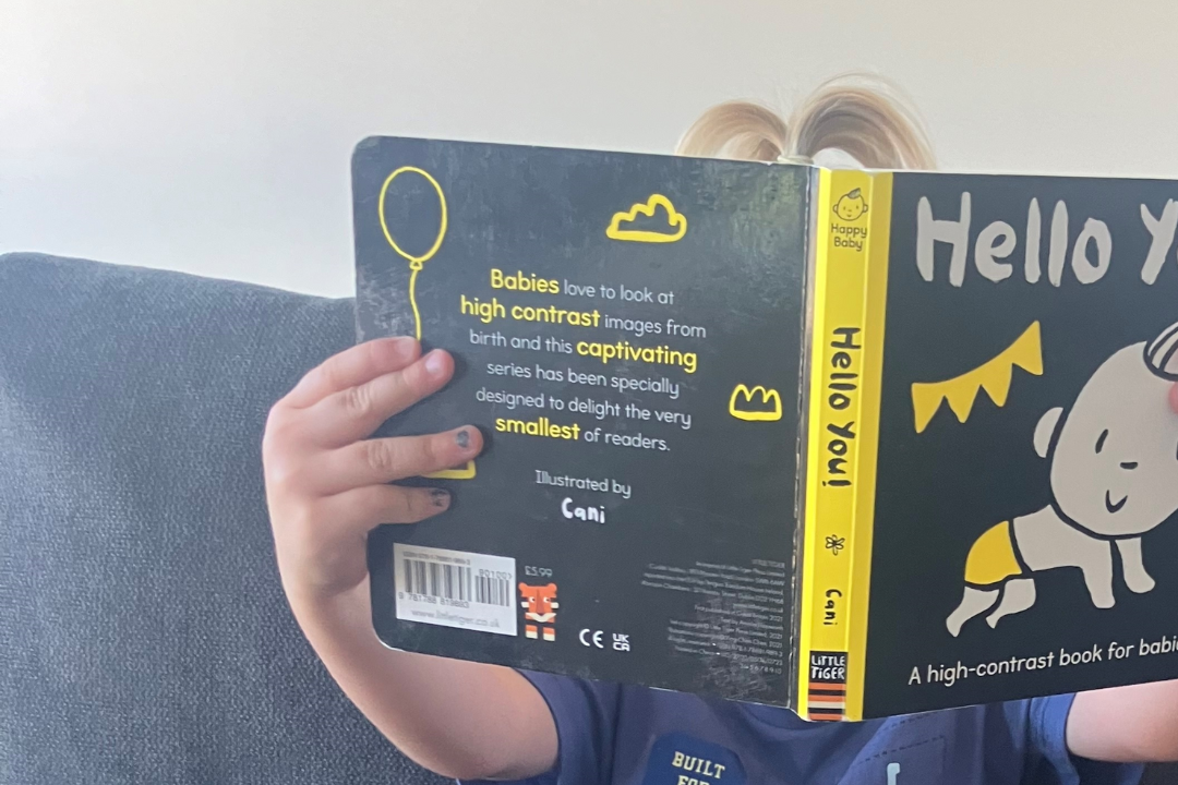 An individual holds a picture book over their face.