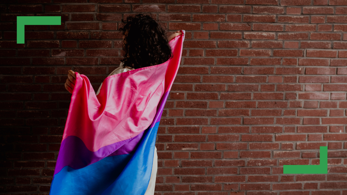 A woman with curly brown hair stands with her back to the camera, facing a brick wall. She is holding the bisexual flag across her back.