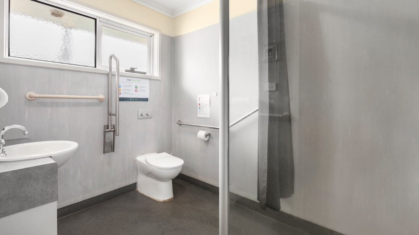 Bathroom with a large shower, toilet and sink with handrails on the walls.