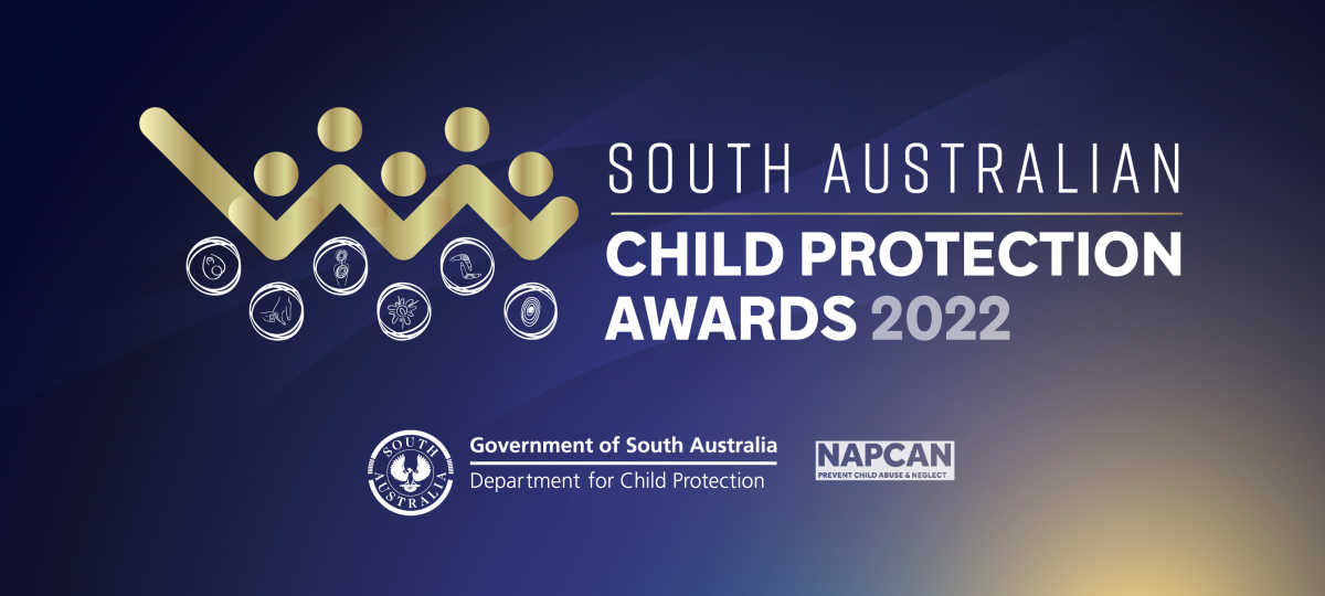 Blue image with a gold logo. Text reads South Australian Child Protection Awards 2022.