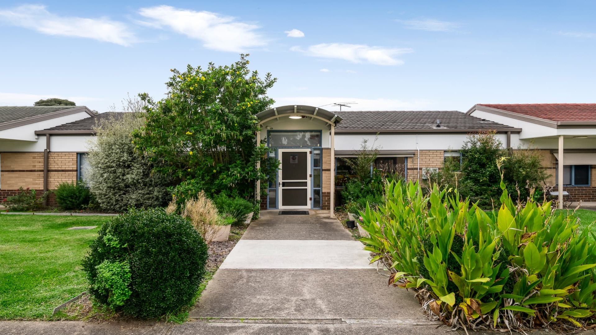 Concrete pathway leading up to front door entrance, with lawn and shrubs either side.