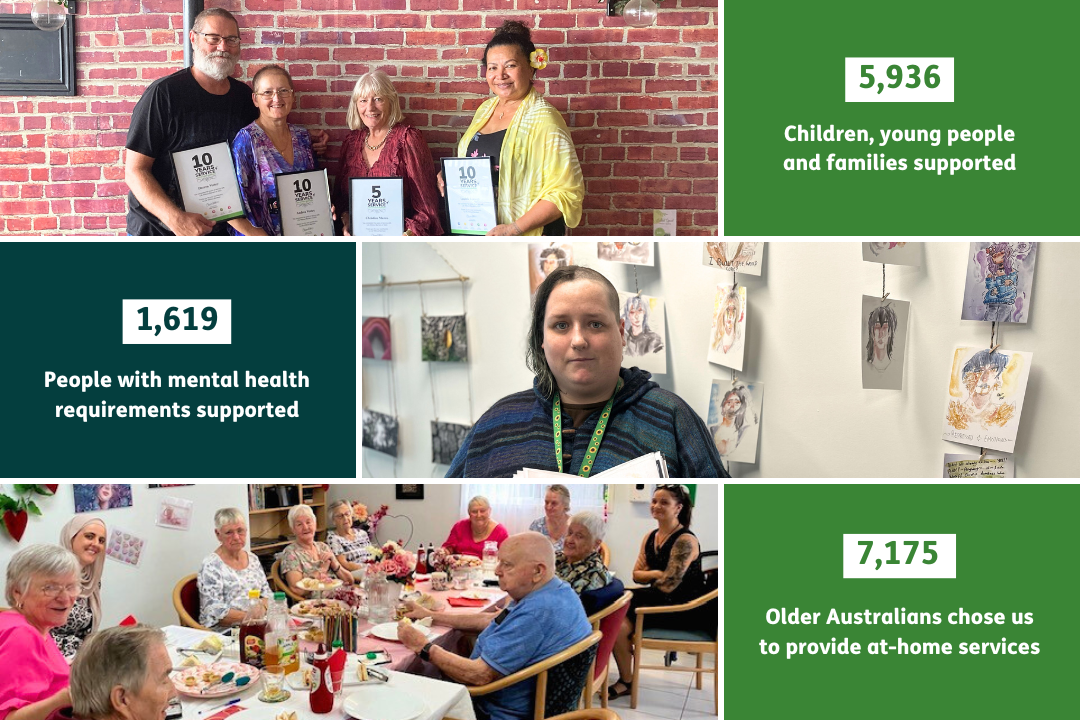 Collage of images of people supported by Life Without Barriers. Text: 5,936 Children, young people and families supported. 1,619 People with mental health requirements supported. 7,175 Older Australians chose us to provide at-home services.