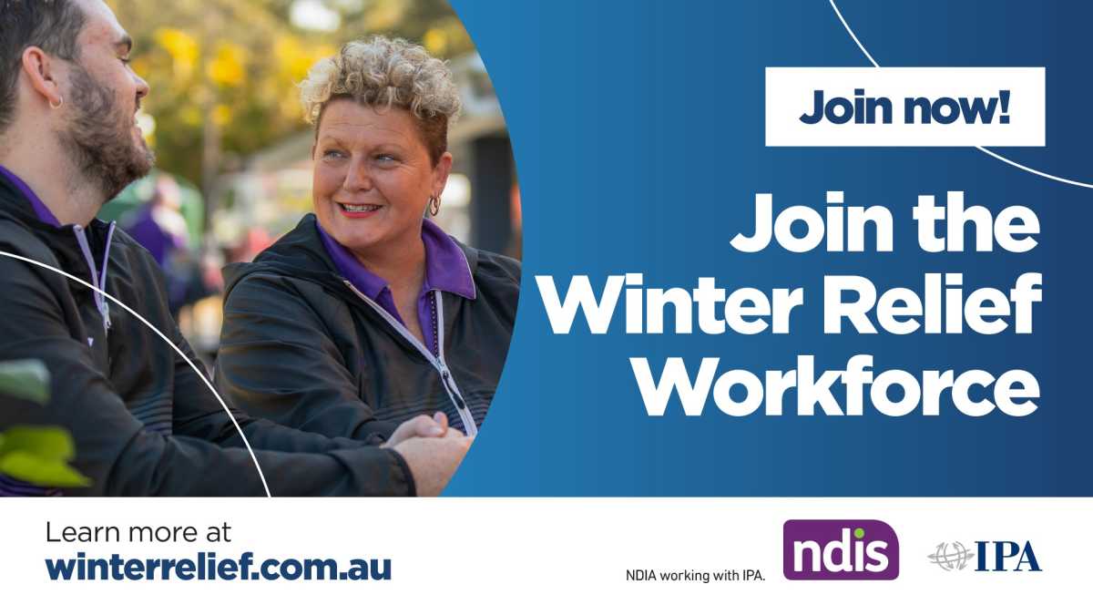 Two people in purple polo shirts and black jackets are pictured talking to each other. Text reads: Join now! Join the Winter Relief Workforce. Learn more at winterrelief.com.au