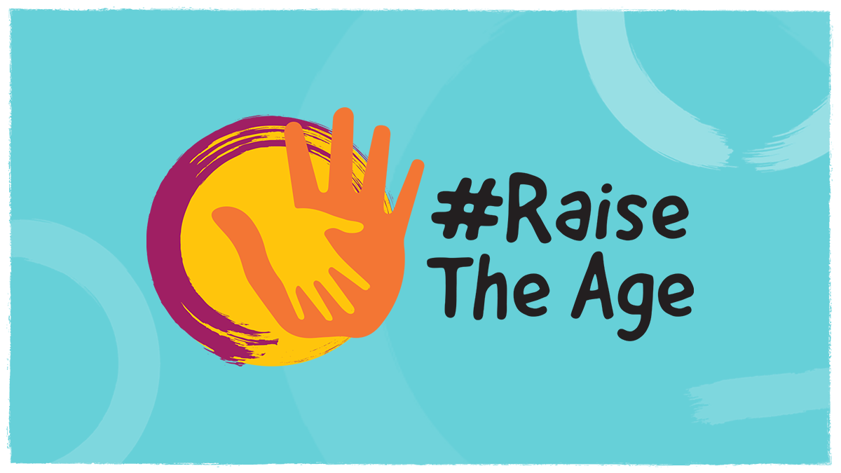 Blue background with a purple, yellow and orange logo of two hands in a circle. Text reads: #Raise The Age.