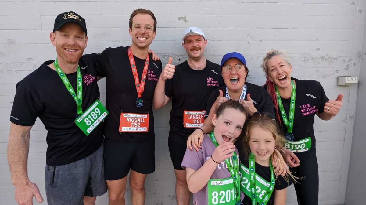 From left: Tasmanian CYF Director, Paul Cairns joined our Foster Carers Lyndon, Mitch, Georgie, and Katie in the Hobart Airport Marathon on 25 September to raise awareness of the need for Foster Carers in Tasmania. Front row: Paul’s daughters