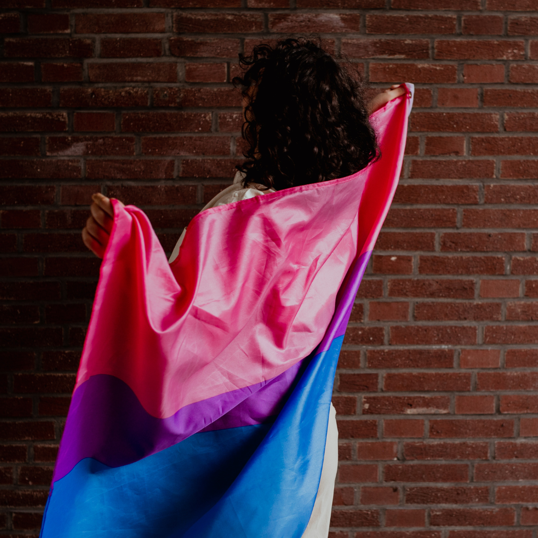 Woman with curly brown hair stands with her back to the camera, facing a brick wall. She holds the bisexual flag over her back.