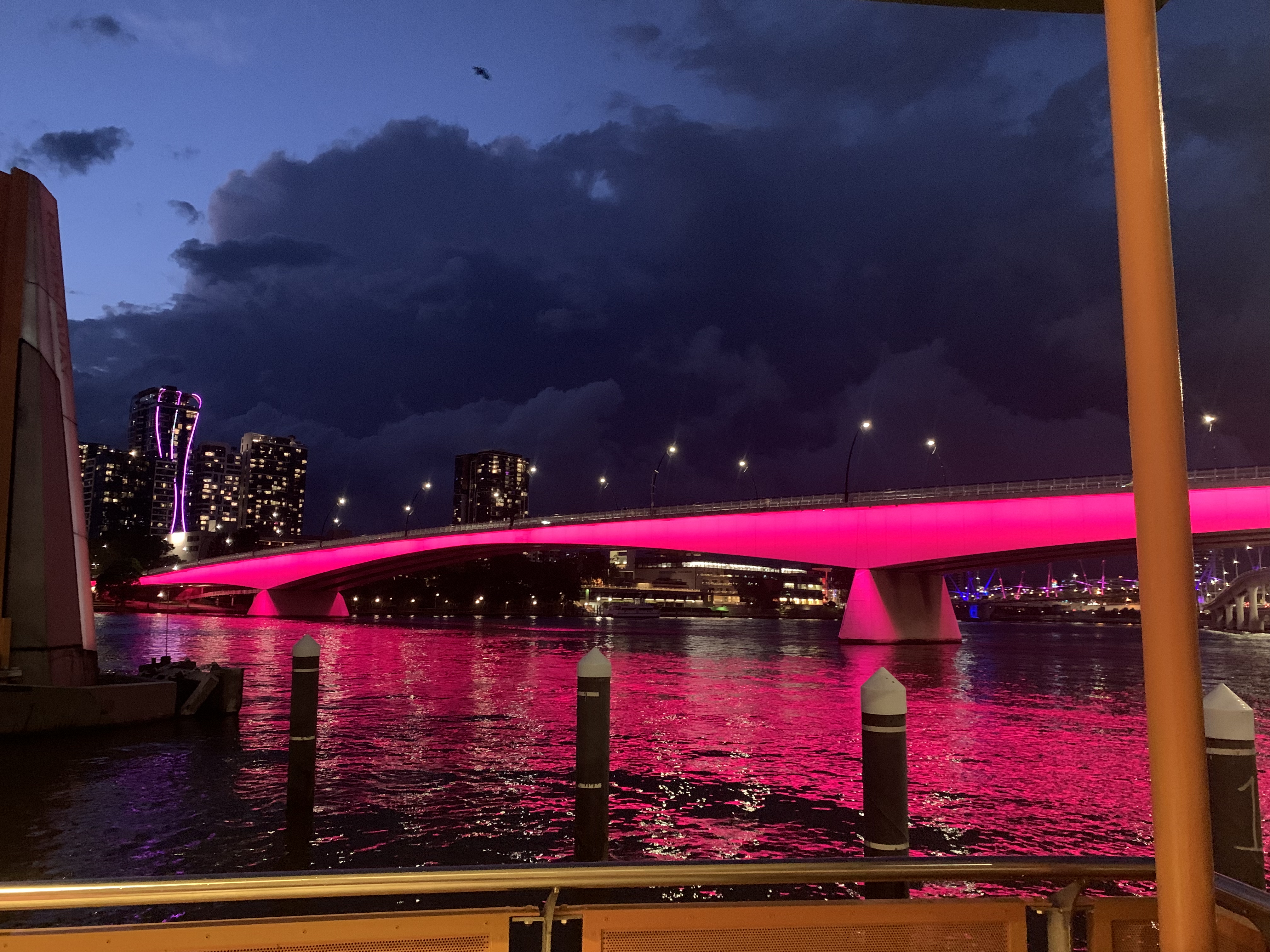 Brisbane's Story Bridge lit up in pink.