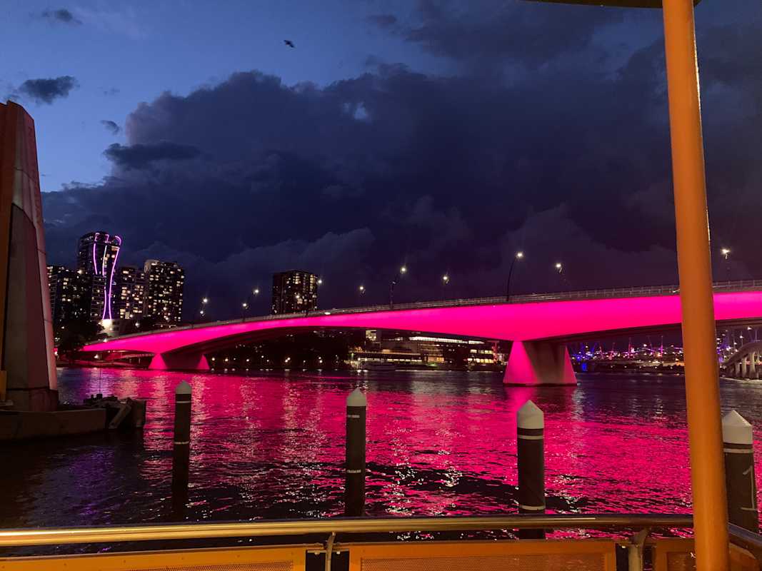Brisbane's Story Bridge lit up in pink.
